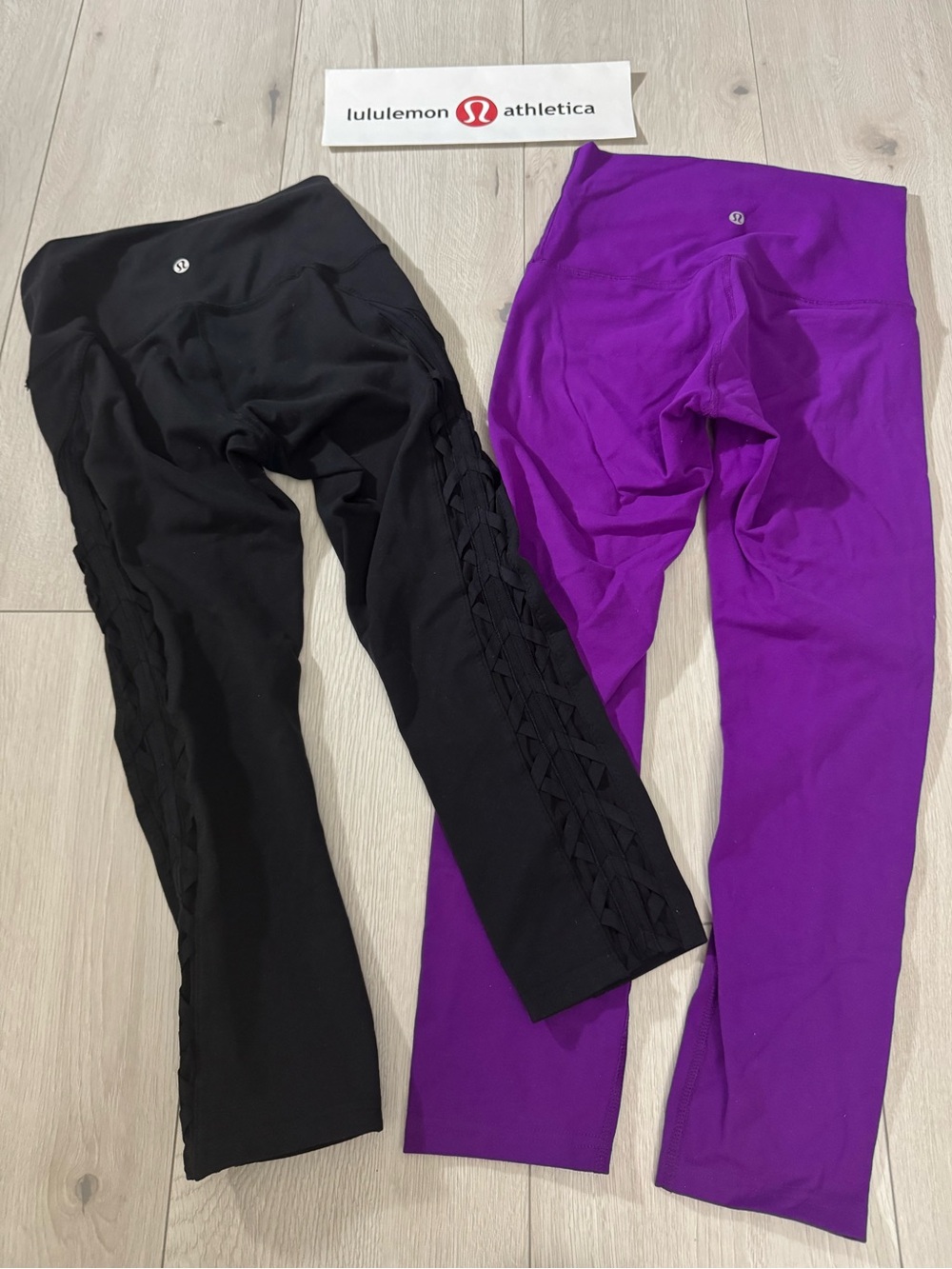 🍋 LULULEMON 2 Crop Leggings - Black Lattice Mesh Side Detail & Purple Yoga